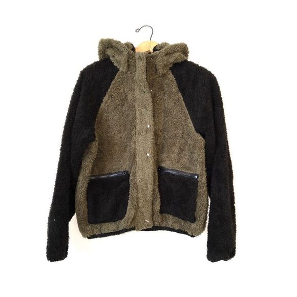 NWT Plush x Revolve Olive Green Teddy‎ Sherpa Zip Up Jacket with Hood Size Small - Picture 3 of 7